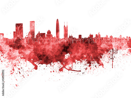 Shenzhen skyline in red watercolor on white background
