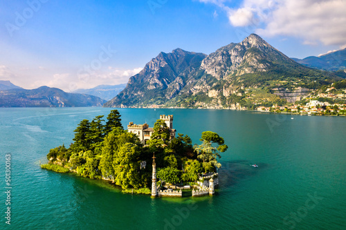 Aerial view of Loreto Island with the castle on Lake Iseo in Northern Italy photo