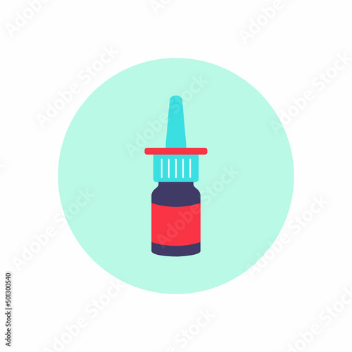 Medical nasal spray bottle for nose rhinitis treatment. Colorful flat medicine pharmaceutical vector illustration.  Nasal drops for social banner, web element, healthcare or medical poster.