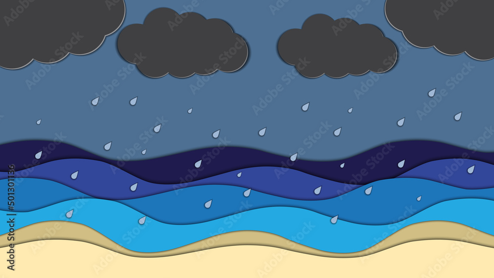 Cloud and rain on sea night sky in paper cut style. Vector Illustration