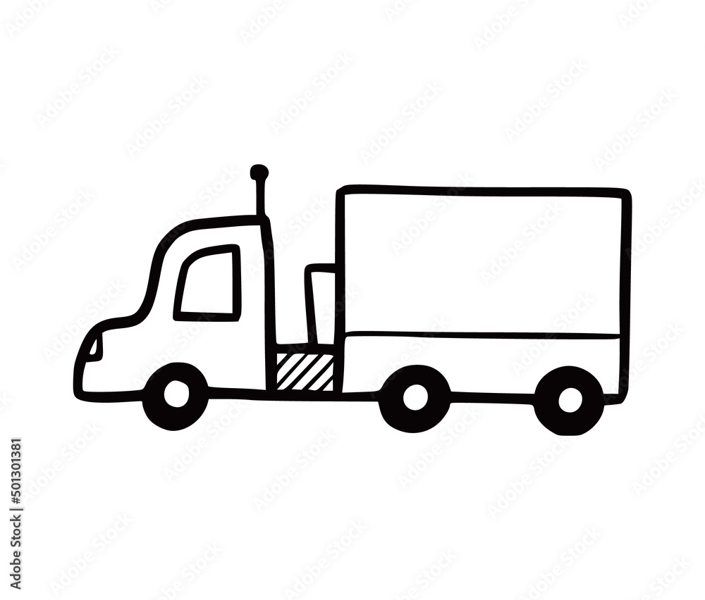 Truck car. Doodle sketch scribble style. Hand drawn funny truck vector illustration.