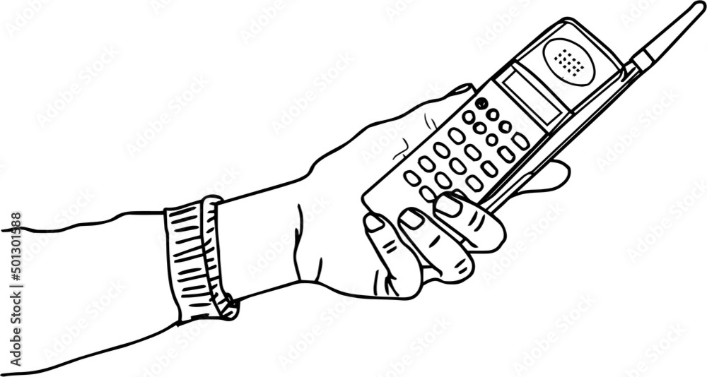 outline sketch drawing of hand holding old model cellular phone, line