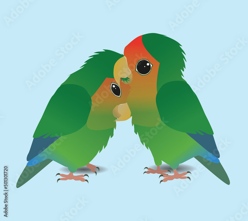 A vector illustration of two peach faced lovebirds. The bird on the right is preening the bird on the left. The preened bird is visibly enjoying it. Very cute
