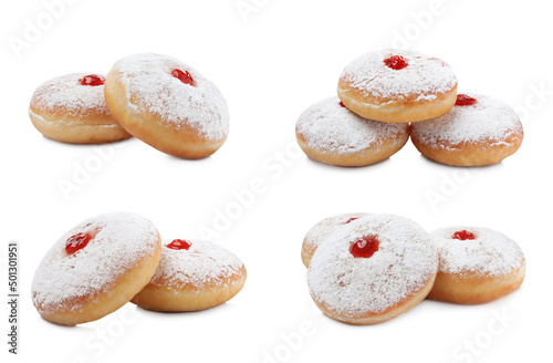 Delicious donuts with jelly and powdered sugar on white background, collage