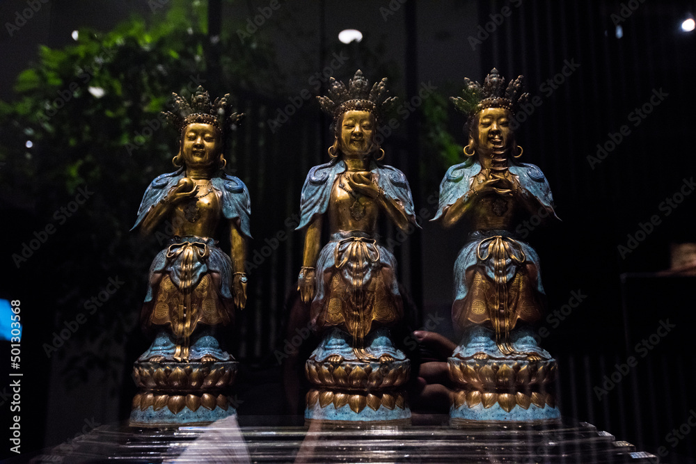 Singapore City,Singapore-April 22,2022: Sculpture in The Buddha Tooth Relic Temple complex in the Chinatown district of Singapore. 