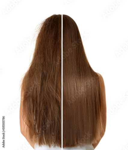 Slika na platnu Woman before and after washing hair with moisturizing shampoo on white backgroun
