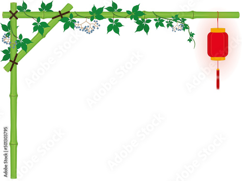 Horizontal bamboo arch frame with red asian lantern and Virginia Creeper vines vector illustration