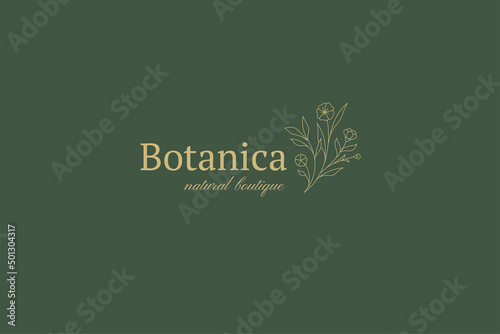 Natural organic botanic flower twig leaves minimalist line art logo with place for text vector