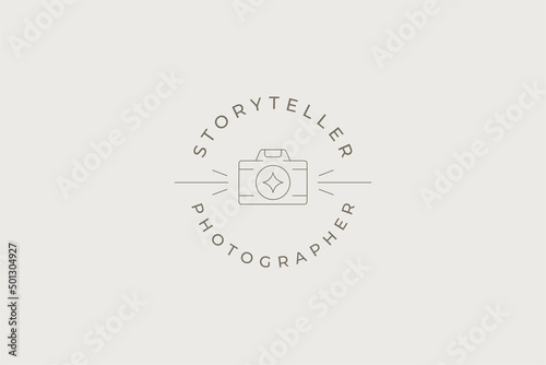 Line art monochrome simple photo video camera with glow lens circle logo with place for text vector