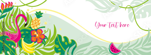 Flamingo  in tropical forest. Floral banner. Summer banner. Mockup. Vector illustration.