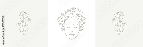 Elegant beauty salon monochrome emblem line art deco woman portrait with botanical wreath chamomile photo