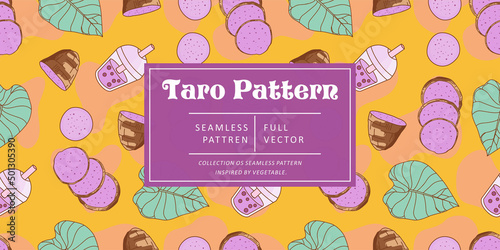 Seamless pattern taro with juice on blue pastel background. Vector illustration.