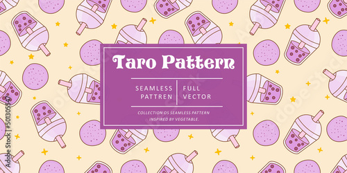 Seamless pattern taro with juice on blue pastel background. Vector illustration.