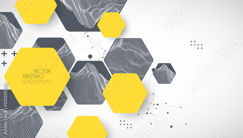 Modern science or technology abstract background using hexagonal shapes. Wireframe spot surface illustration. Vector.