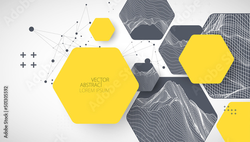 Modern science or technology abstract background using hexagonal shapes. Wireframe spot surface illustration. Vector.