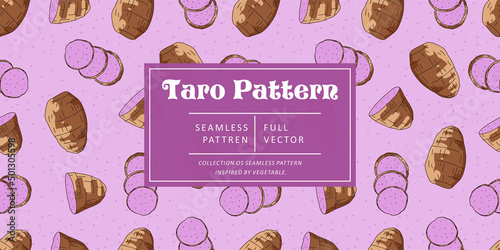 Seamless pattern taro with juice on blue pastel background. Vector illustration.