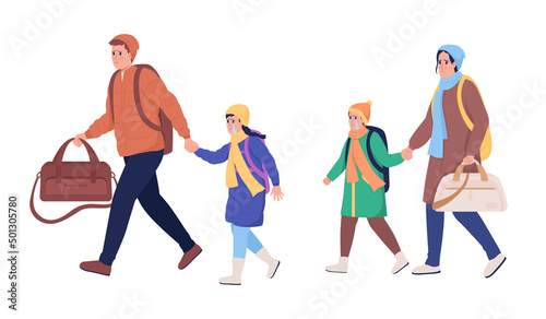 Family running away from war semi flat color vector characters. Sad figures. Full body people on white. Russian invasion. Simple cartoon style illustration for web graphic design and animation