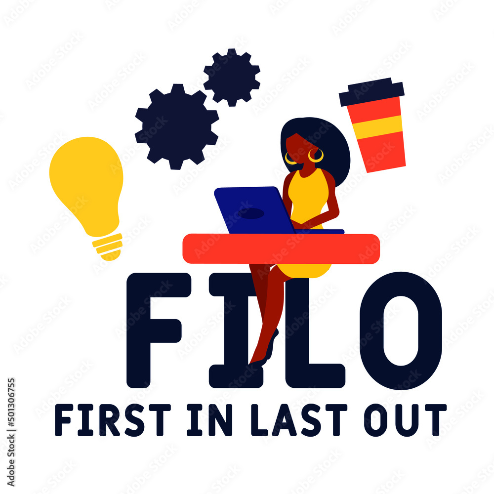 FILO - First In Last Out acronym. business concept background. vector illustration concept with keywords and icons. lettering illustration with icons for web banner, flyer, landing pag