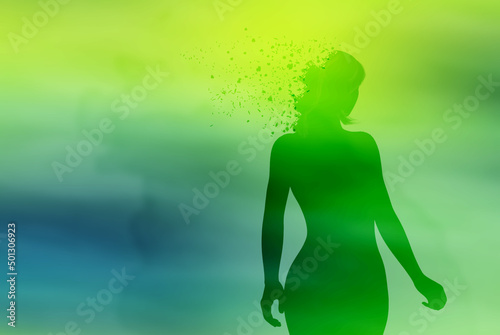 woman silhouette figure, pieces breaking away from the head - psychology and psyche concept photo