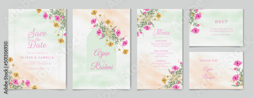 Wedding invitation card template set with watercolor and floral decoration. Flowers illustration for save the date, greeting, poster, and cover design  Abstract Background, rsvp and Instagram  story.