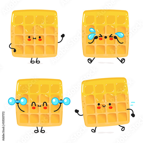 Funny cute happy wafer characters bundle set. Vector hand drawn doodle style cartoon character illustration icon design. Cute waffles mascot character collection