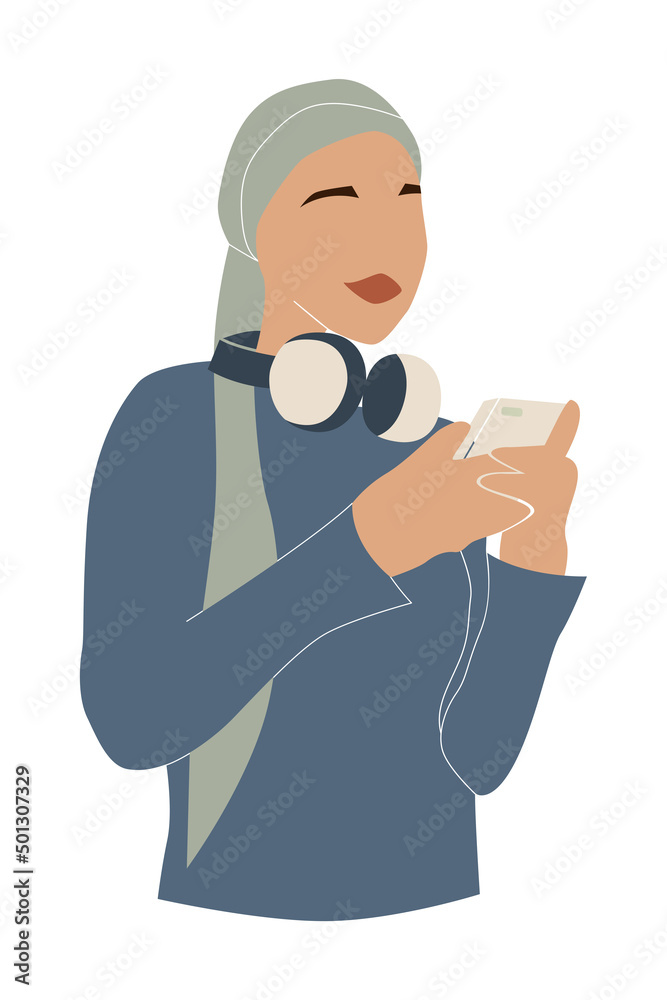 Muslim woman uses a phone. Hijab girl chatting. Modern vector ...
