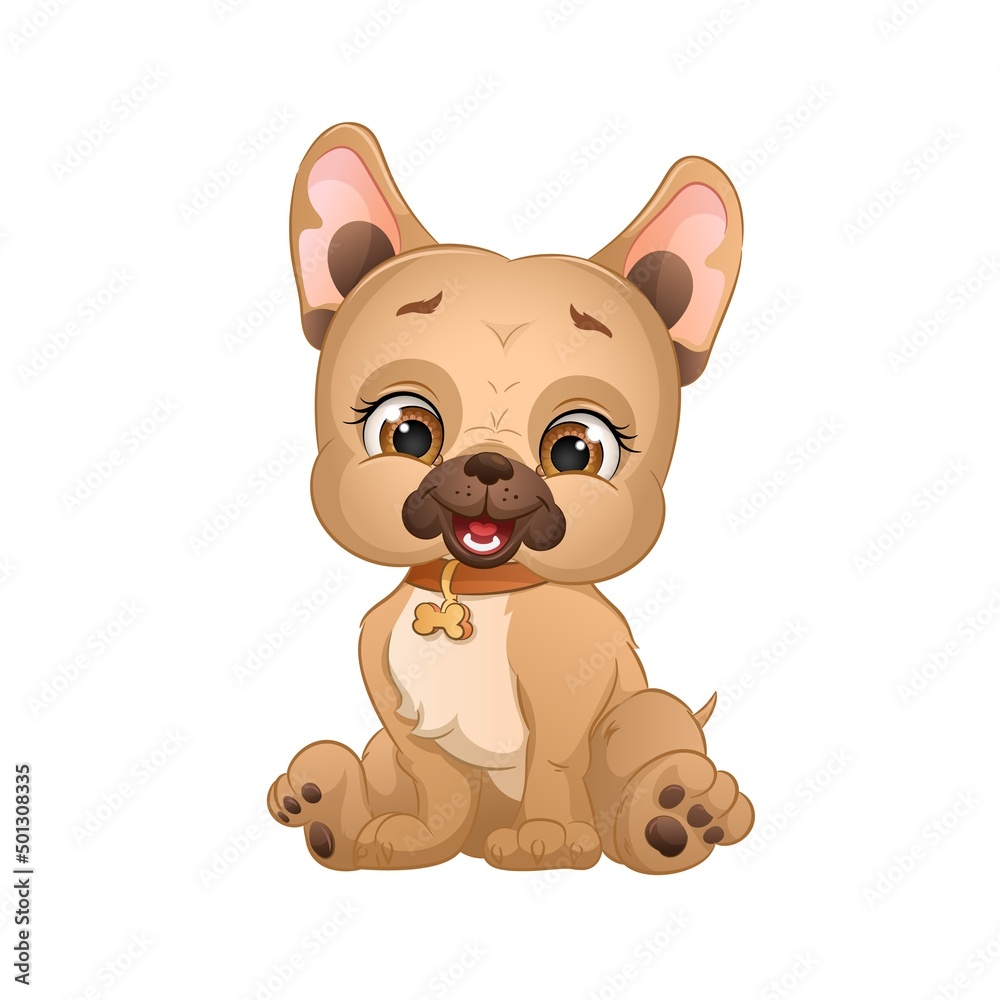 Fototapeta premium Cute french bulldog puppy, cartoon dog in collar.