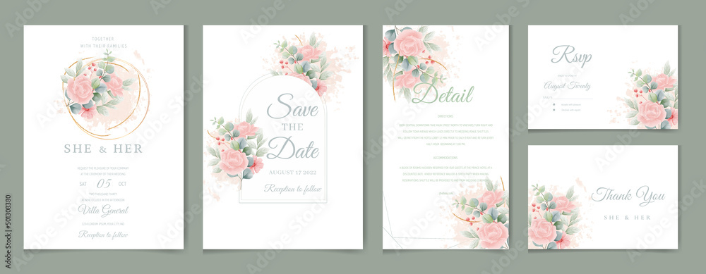 Wedding invitation card template set with watercolor and floral decoration. Flowers illustration for save the date, greeting, poster, and cover design  Abstract Background, rsvp and Instagram  story.