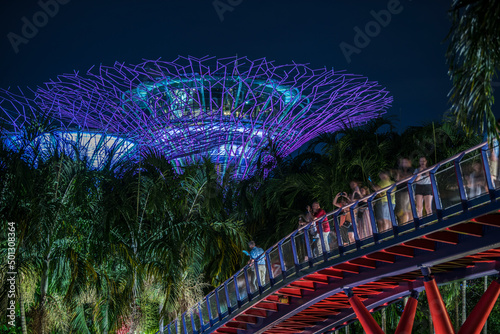 Singapore City, Singapore - September 11,2019: Night view of Gardens by the Bay a nature park in Singapore City.