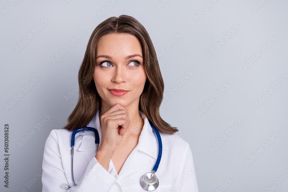 Photo of pensive lady intern look empty space minded think covid option prevention isolated grey color background Photo of pensive lady intern look empty space minded think covid option prevention isolated grey color background
