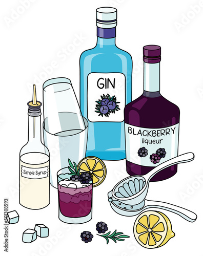 Doodle cartoon bramble cocktail and ingredients composition. A bottle of gin and blackberry liqueur, lemon and Boston shaker. For bar menu, stickers or alcohol cook book recipe.