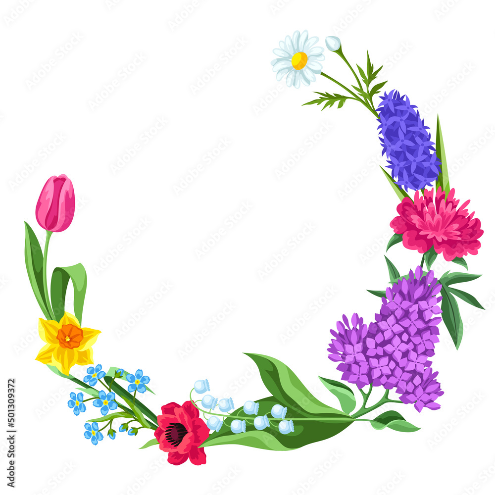 Fototapeta premium Decorative frame with summer flowers. Beautiful decorative bouquet of blooming plants.