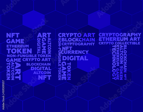 Vector illustration of a non fungible token. NFT background. Digital technology concept. Crypto art. The word NFT is made up of words