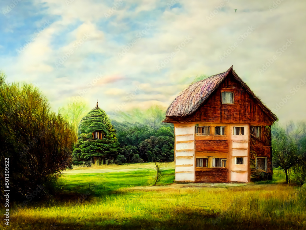 a lonely wooden brown house stands in a clearing in a green forest
