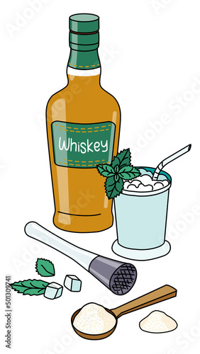 Doodle cartoon Mint Julep cocktail and ingredients composition. A bottle of Whiskey, mint leaves, sugar and muddler. For bar menu, stickers or alcohol cook book recipe.