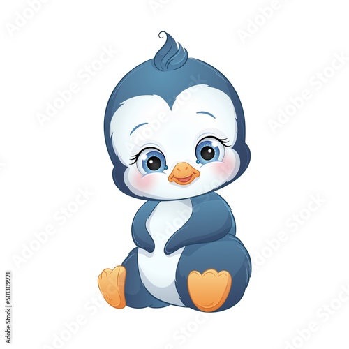 Cute cartoon baby penguin, vector illustration. Polar animal, Isolated white background.