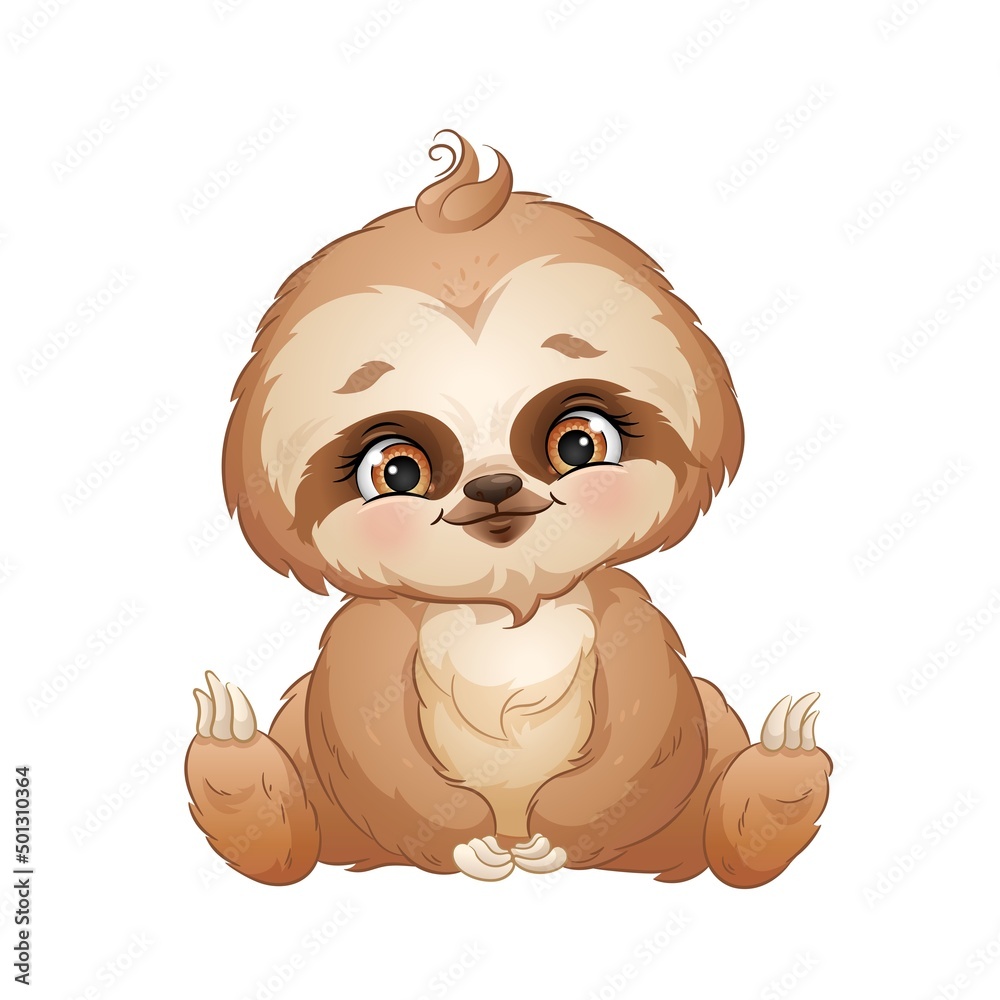 Obraz premium Cute cartoon sloth, vector illustration. Tropical animal, isolated white background.