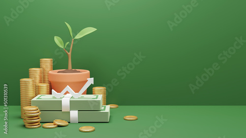Money and tree in flower pot on green background with copy space Saving concept 3D render