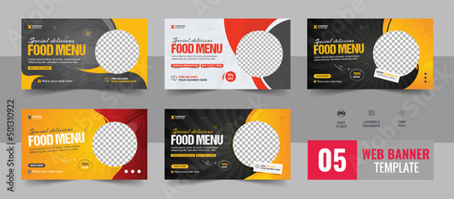 Fast food business promotion web banner template design, Restaurant healthy burger online sale social media marketing cover design bundle