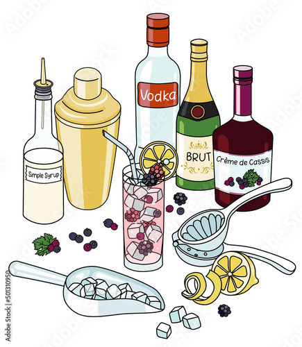 Doodle cartoon Russian Spring Punch and ingredients composition. A bottle of vodka, blackberry liquor and sparkling wine, sugar syrup, lemon and berries. For bar menu, stickers or cook book recipe.