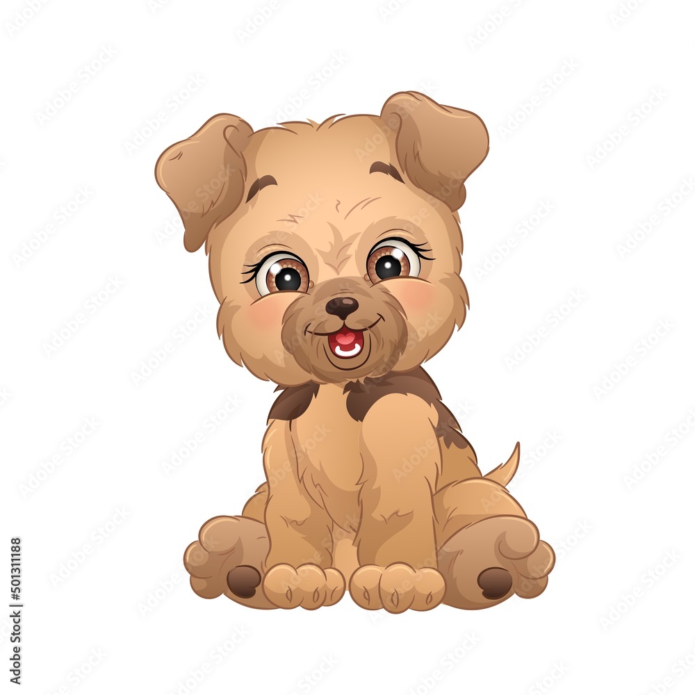 Fototapeta premium Cartoon terrier puppy vector illustration. Cute dog clipart, white background.