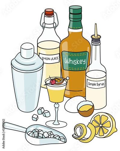 Doodle cartoon Whiskey Sour and ingredients composition. A bottle of whiskey, lemon juice and sugar syrup, shaker, ice scoop, lemon and eggs. For bar menu, stickers or alcohol cook book recipe.