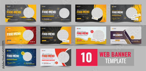 Fast food business promotion web banner template design, Restaurant healthy burger online sale social media marketing cover bundle