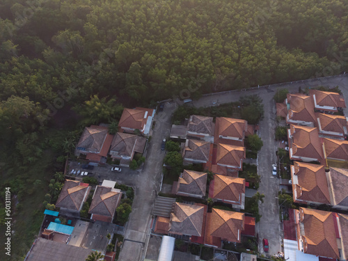 Aerial view of village in the morning
