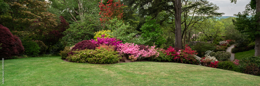 Beautiful Garden with blooming trees and bushes during spring time, Wales, UK, banner size
