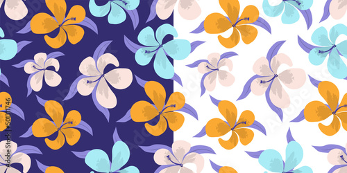 Pattern of tropical flowers and palm leaves. Flat vector illustration.