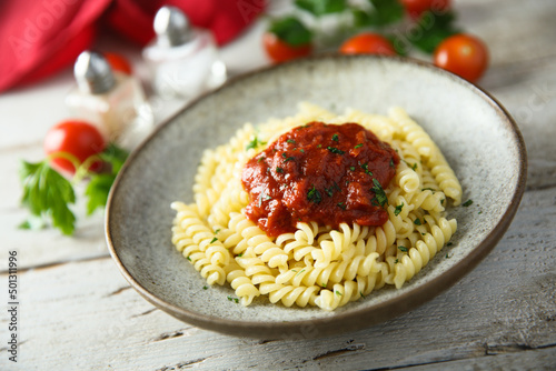 Pasta with homemade tomato sauce photo