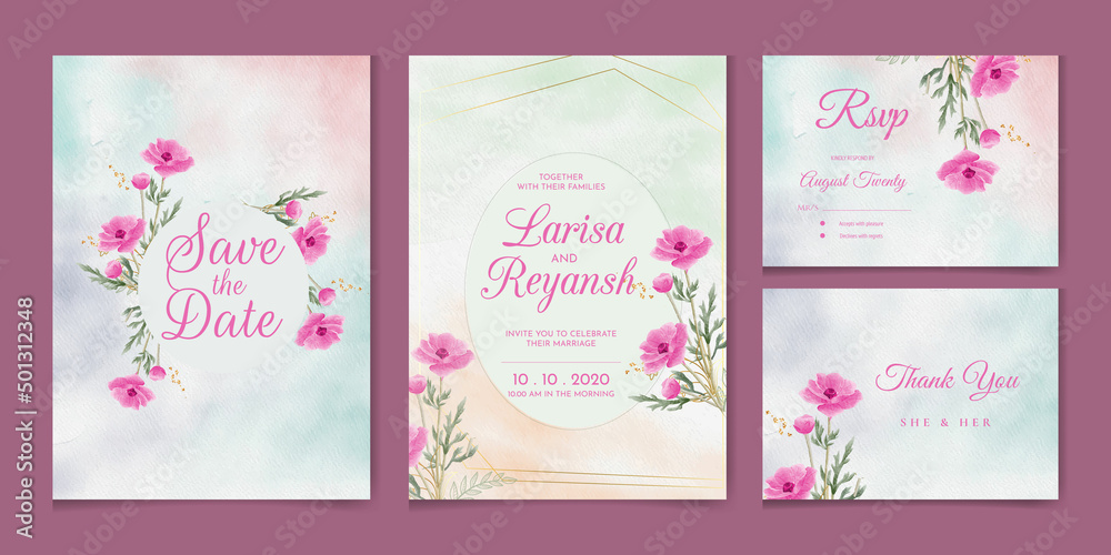 Abstract Background. Wedding invitation card template set with watercolor and floral decoration. Flowers illustration for save the date, greeting, poster, and cover design  
