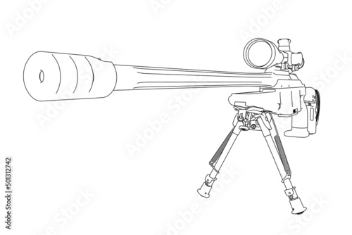 Outline of a rifle with an optical sight from black lines isolated on a white background. Perspective view. Vector illustration