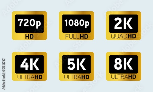 Video or screen resolution icons, white numbers with HD, Full HD, QHD, UHD, 2K, 4K, 5K, 8K text in golden rectangle.